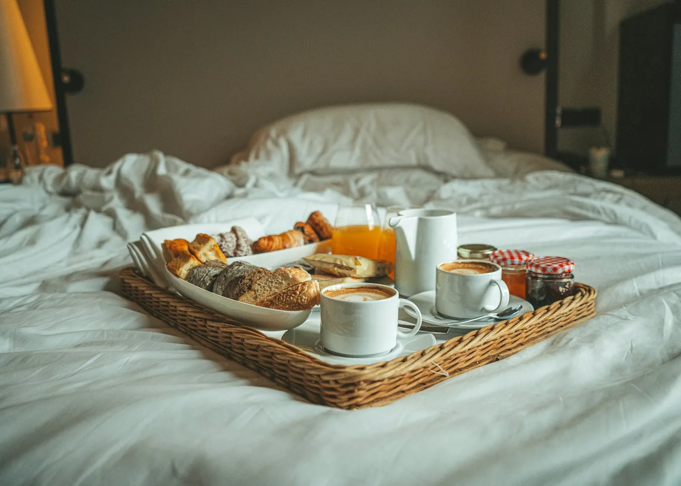 Hotel breakfast served on a bed